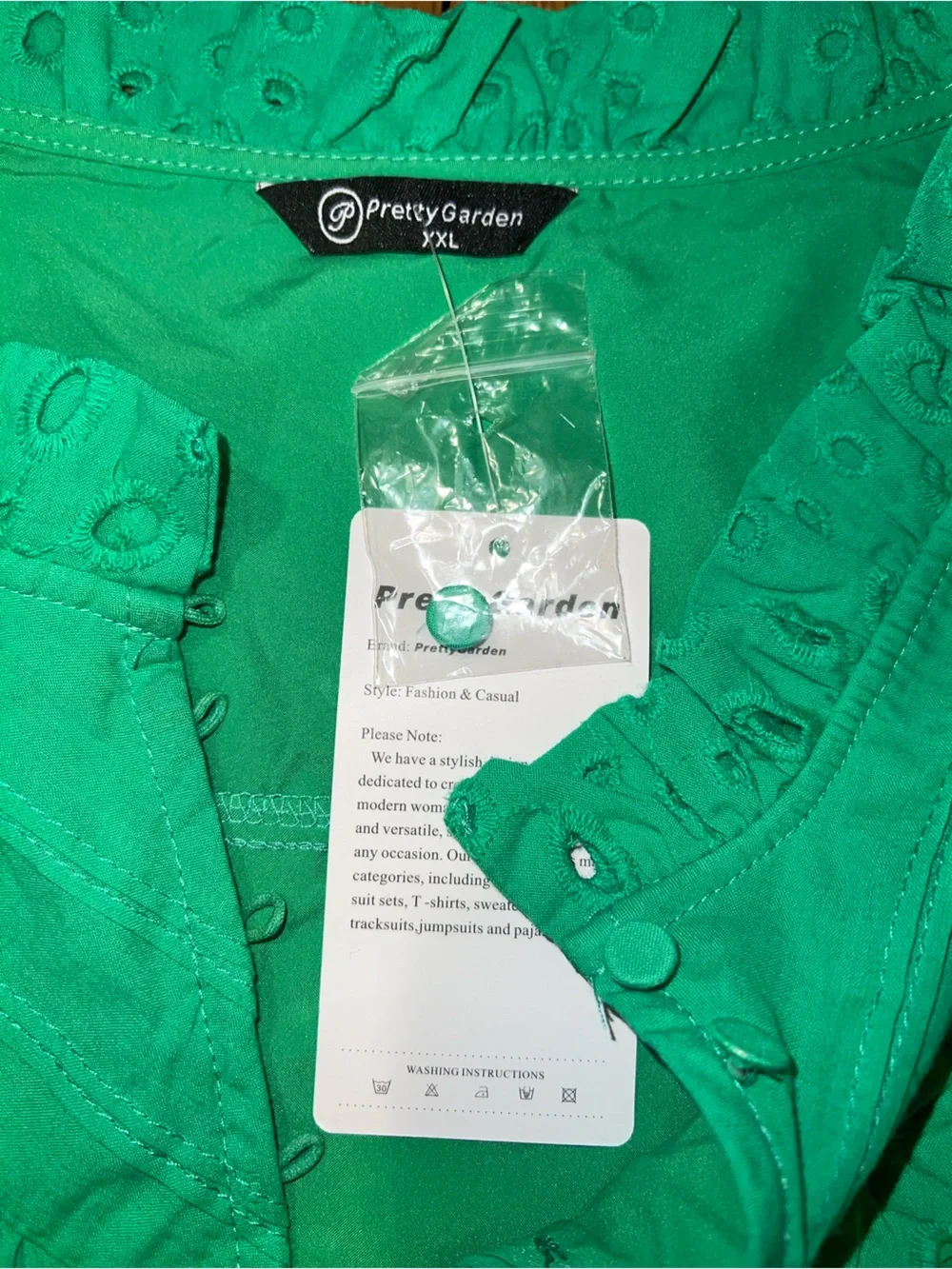 PRETTYGARDEN Green Eyelet Lace Puff Sleeve Blouse NWT XXL Boho Ruffle Neck - Picture 9 of 11